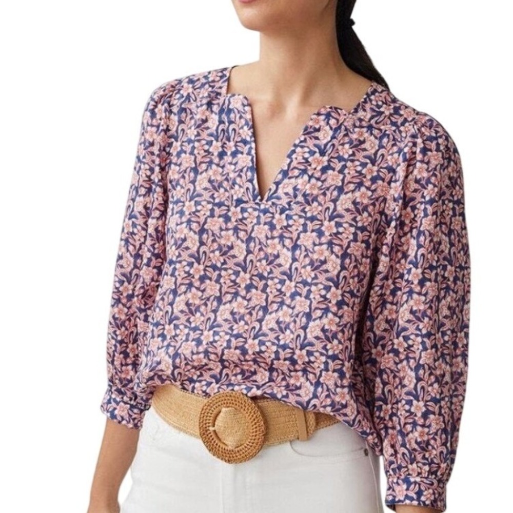 J.McLaughlin Georgette Floral  Puff Sleeve Blouse Womens S Blue Red Botanica‎